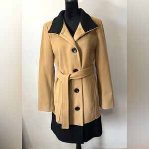 Dana Buchman Wool Cashmere Blend Tan Camel Black Colorblock Trench Coat Women M